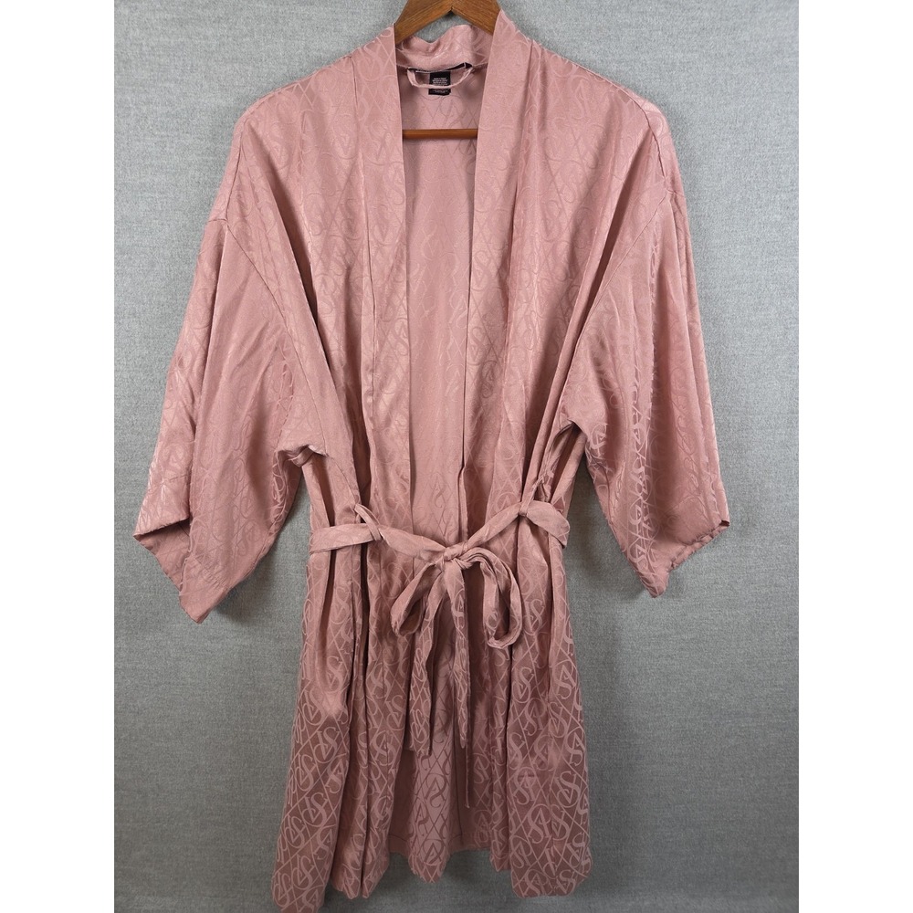 Victorias‎ Secret XS Short Pink Satin Dressing Robe Lounge Over Logo Belted